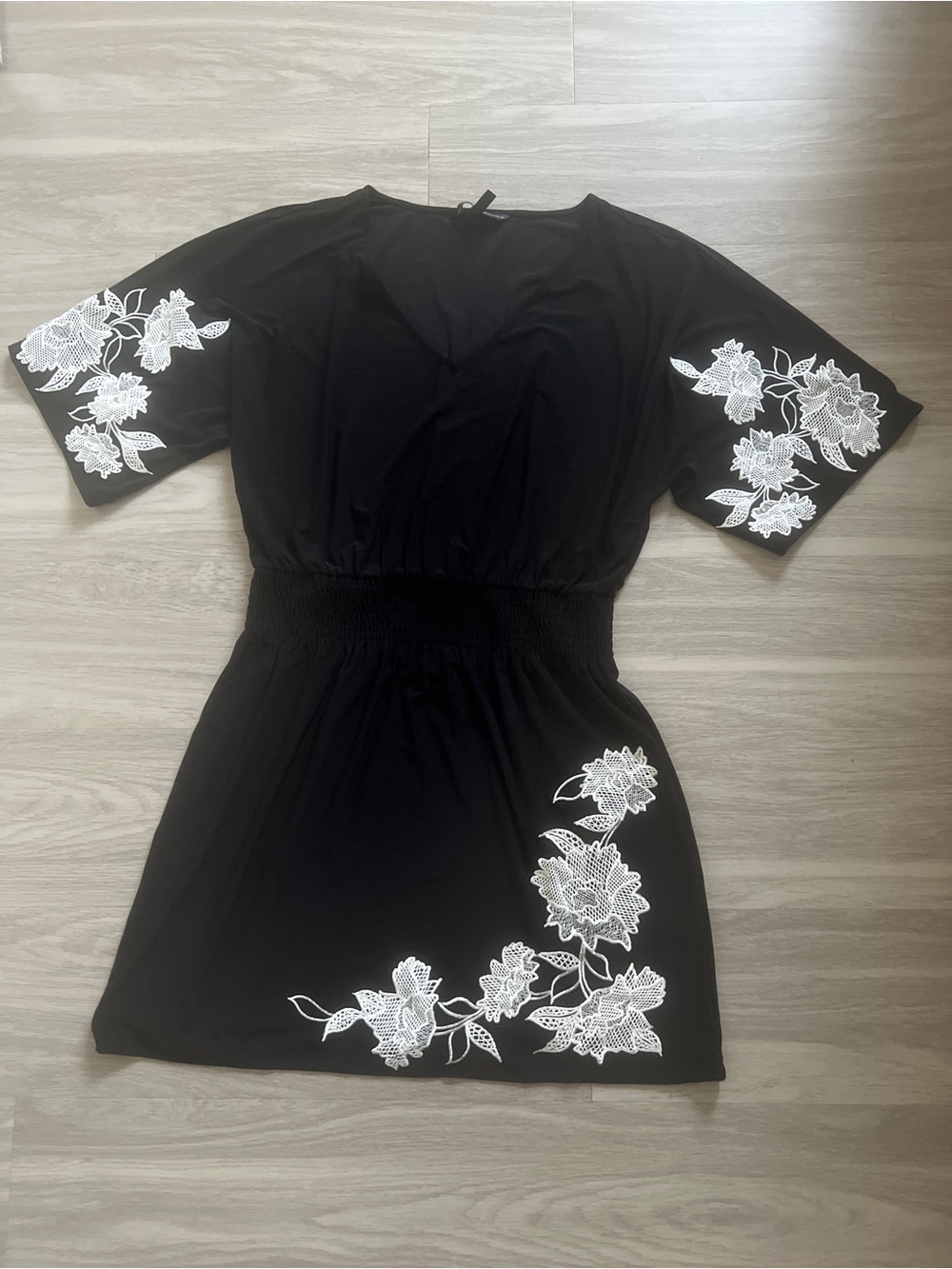 White House Black Market Large Black Floral Embroidered V-Neck Dress